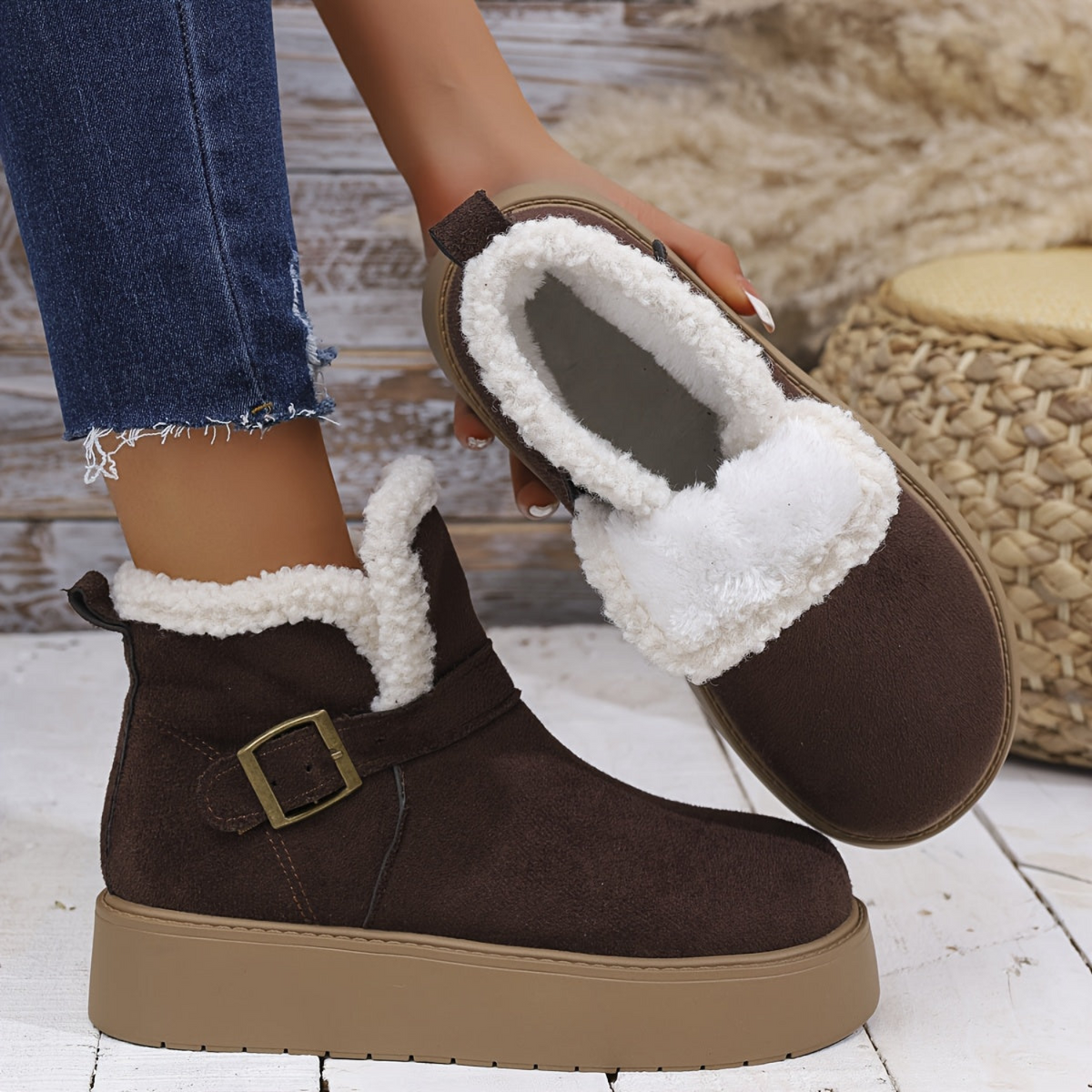 Damen Plateauschuh Winterstiefelette Schwarz mit Kunstfellfutter & Schnalle
