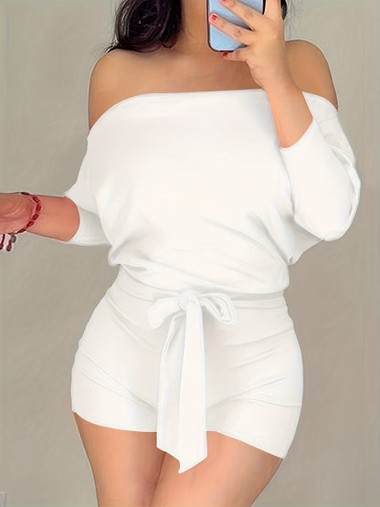 Damen Off-Shoulder Freizeit-Jumpsuit mit Taillengürtel – Eleganter Sommer Overall für Alltag und Urlaub