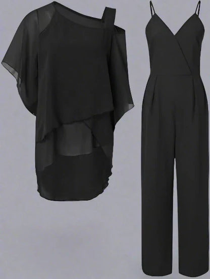 Damen Elegantes Zweiteiler Set – Asymmetrisches Chiffon Outfit für Büro & Alltag
