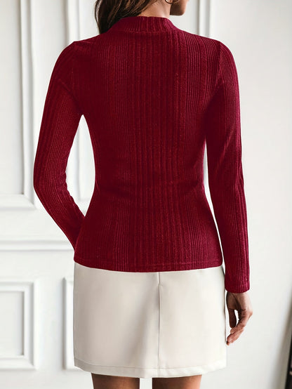 Damen Rippstrick Mock-Neck Pullover mit Goldknöpfen Langarm