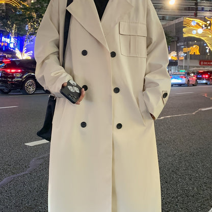 Unisex Trenchcoat Lang Zweireihig mit Gürtel in Beige oder Schwarz