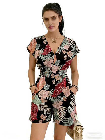 Damen Jumpsuit mit V-Ausschnitt und tropischem Print – Modischer Einteiler für Freizeit & Urlaub