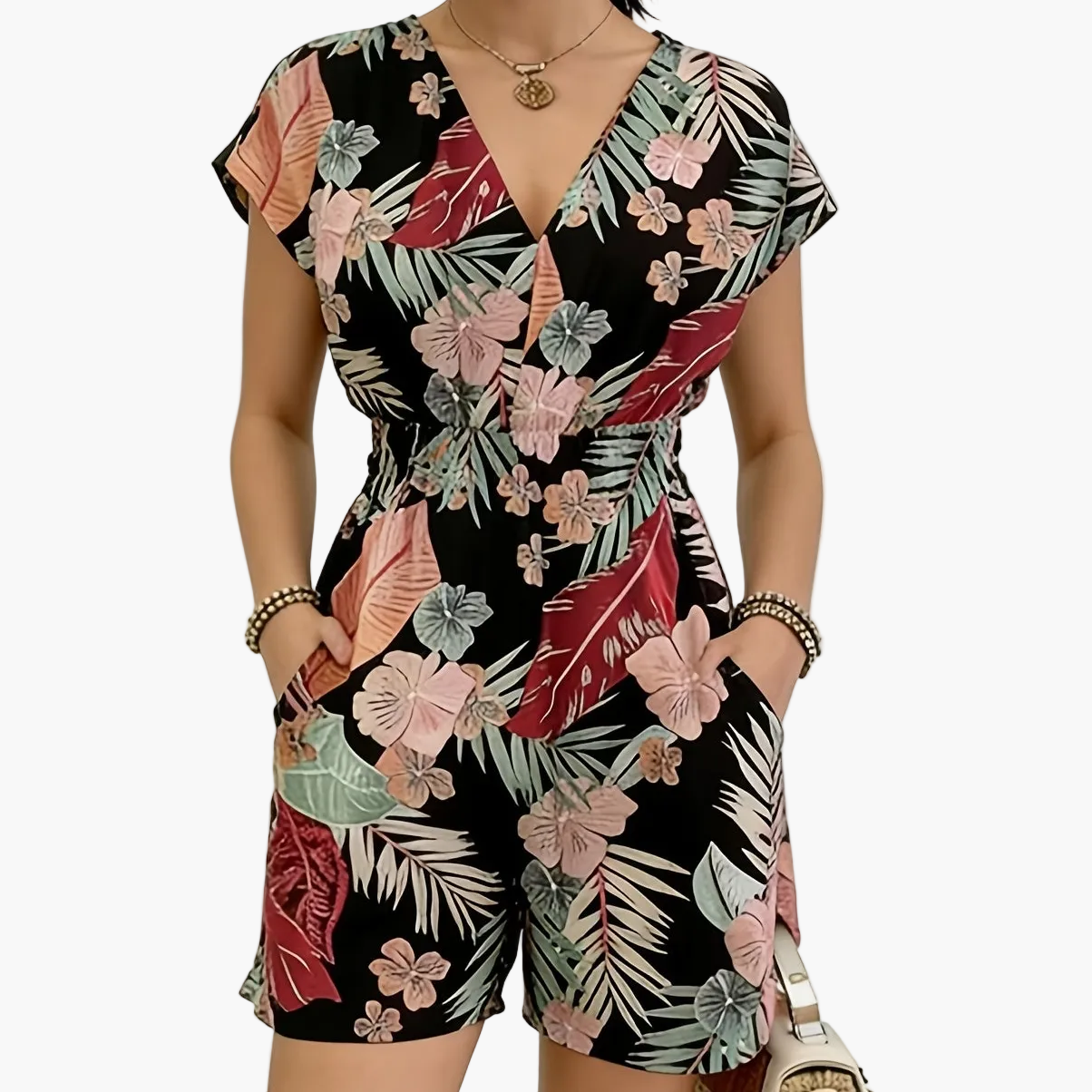 Damen Jumpsuit mit V-Ausschnitt und tropischem Print – Modischer Einteiler für Freizeit & Urlaub