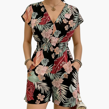 Damen Jumpsuit mit V-Ausschnitt und tropischem Print – Modischer Einteiler für Freizeit & Urlaub