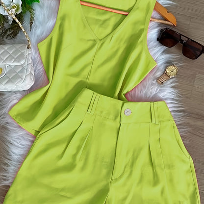 Damen Zweiteiliges Set mit V-Ausschnitt Top und High-Waist Shorts – Eleganter Freizeit-Look