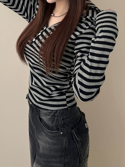 Damen Langarmshirt gestreift mit V-Ausschnitt und Knopfleiste