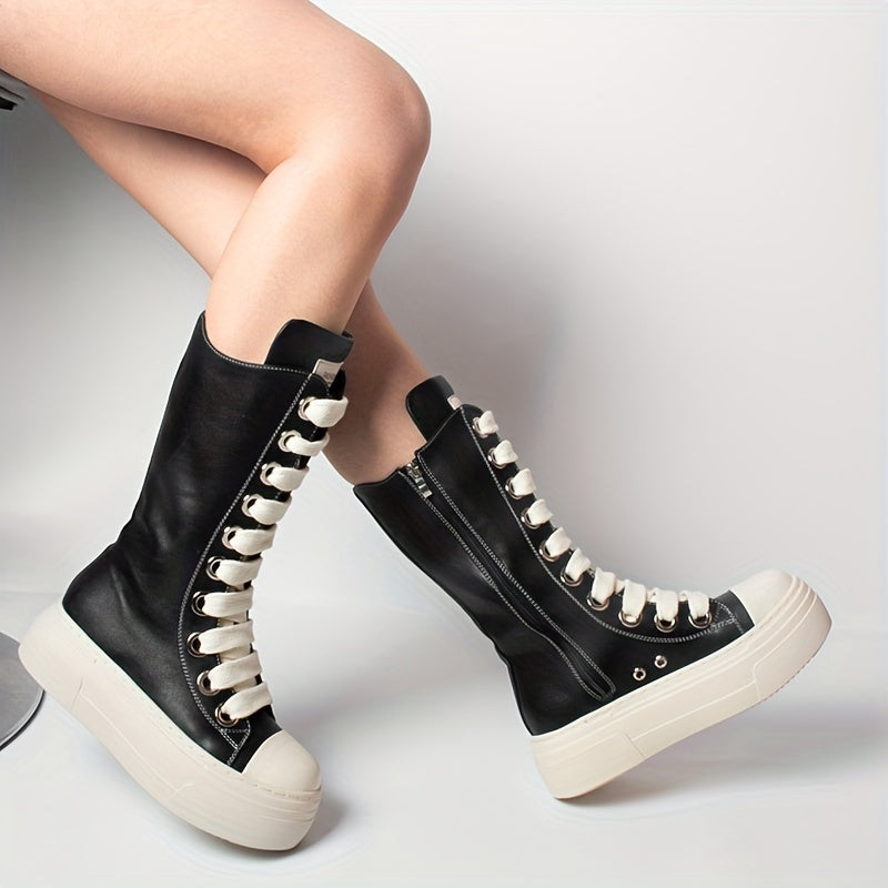 Damen High-Top Sneaker Stiefel Schwarz mit Schnürung & Plateau Sohle