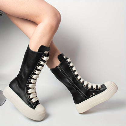 Damen High-Top Sneaker Stiefel Schwarz mit Schnürung & Plateau Sohle