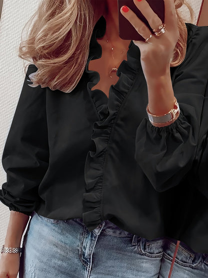 Damen Rüschenbluse Elegant Freizeitstil – Modische Langarmbluse für Alltag & Büro