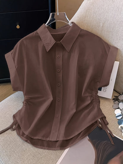 Damen Kurzarm Bluse mit Kordelzug und Hemdkragen – Modisch & Vielseitig