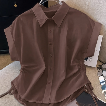 Damen Kurzarm Bluse mit Kordelzug und Hemdkragen – Modisch & Vielseitig