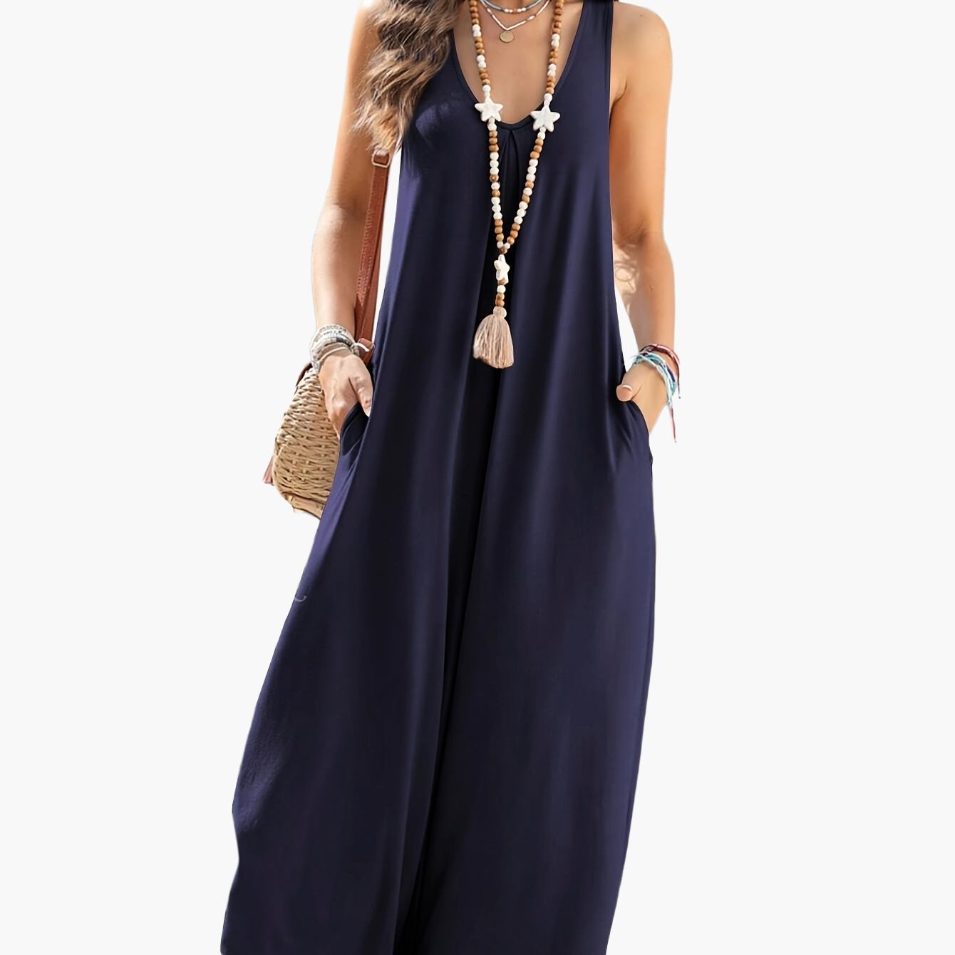 Damen Weites Sommer-Jumpsuit mit V-Ausschnitt und Taschen – Lässiger Einteiler für Alltag und Urlaub