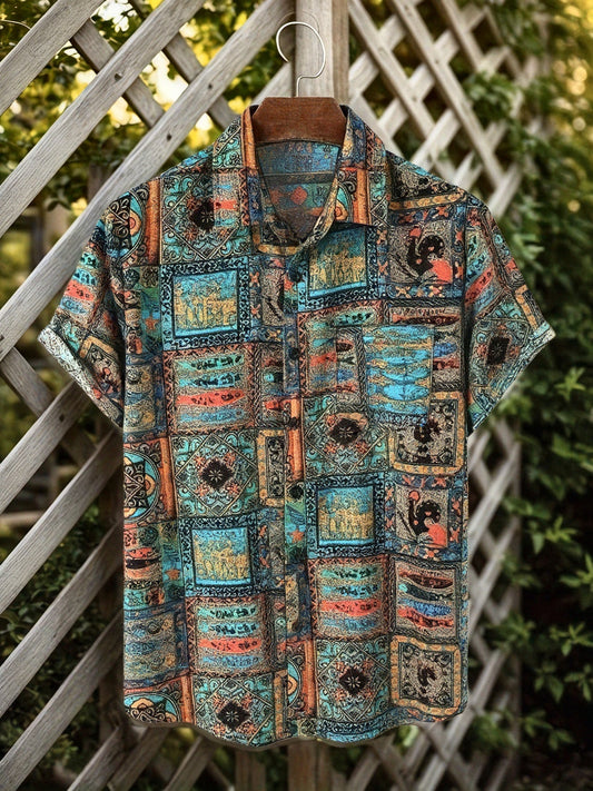 Herren Patchwork Kurzarm Resorthemd im Vintage-Tapisserie-Stil – Kunstvolles Freizeitshirt für Urlaub und Sommer