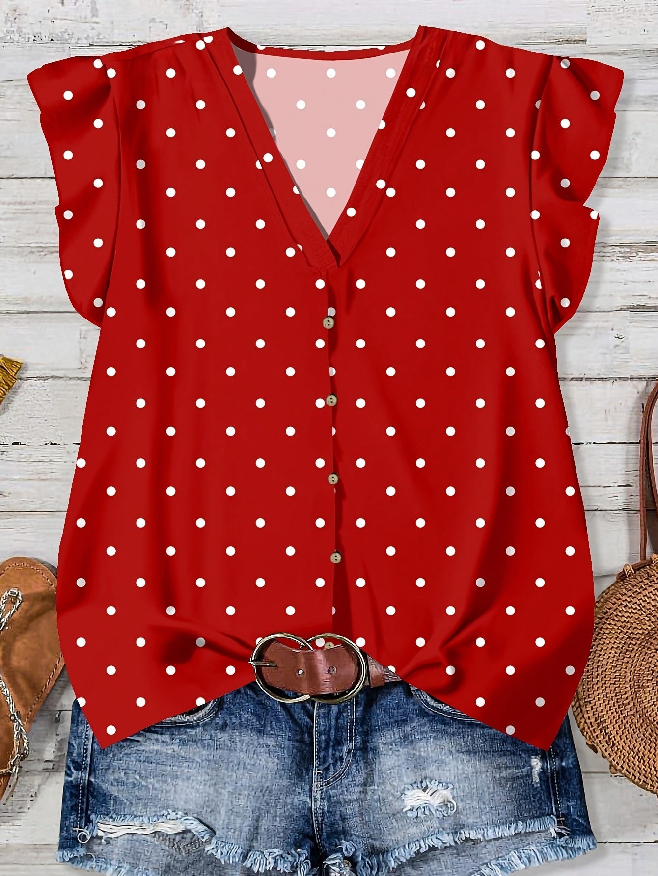 Damen Sommer Bluse mit Herzmuster und Knopfleiste – Verspielte Freizeitmode für den Alltag