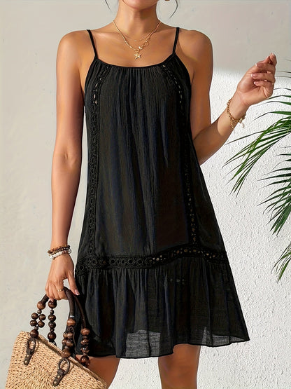Damen Sommer Strandkleid mit Spitzen-Details und Spaghettiträgern – Lässiges Kleid für Urlaub & Freizeit
