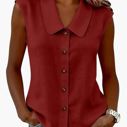 Damen Blusentop ohne Ärmel mit Knopfleiste und großem Kragen – Eleganter Freizeitstil für Alltag und Büro