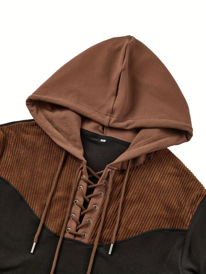 Herren Hoodie Schnürung Schwarz Braun Kapuzenpullover Patchwork