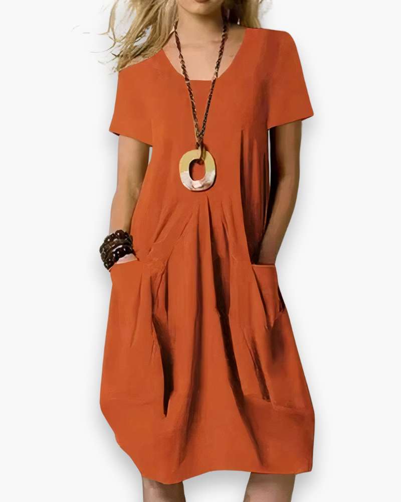 Damen Midi Kleid – Lockeres Sommerkleid mit Taschen, Alltag & Freizeit, A-Linien Stil