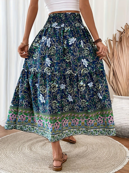 Damen Boho Maxirock mit Blumenmuster und elastischem Bund – Sommer Freizeitrock, Vintage Stil