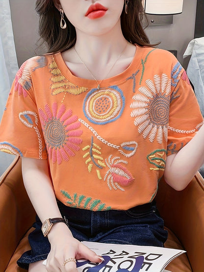 Damen Sommer T-Shirt mit Stickerei und Boho-Design – Lässiges Freizeitshirt, Kurzarm, Trendy Muster