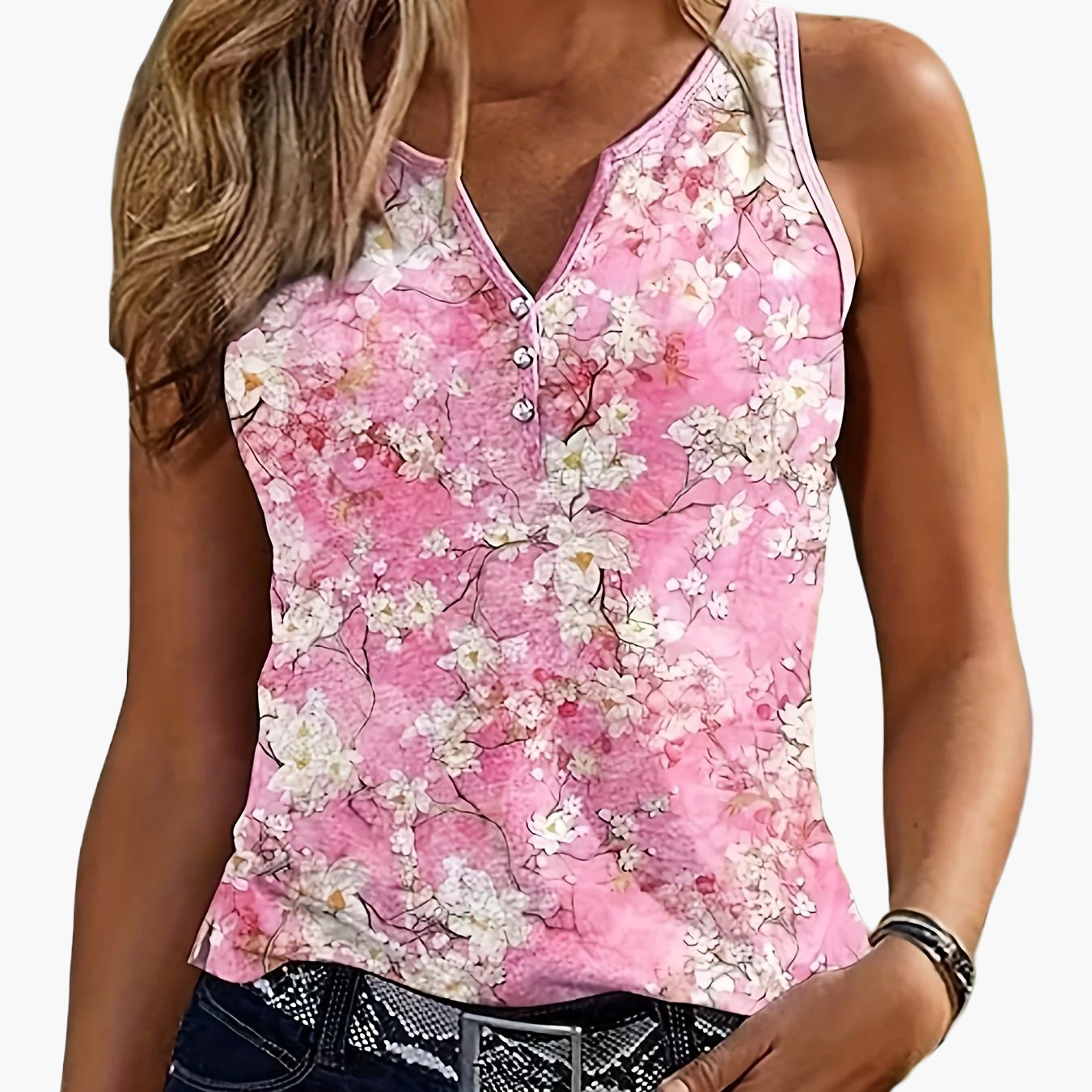 Damen Sommer Tanktop mit Ethno-Muster und Knopfleiste – Lässiges Freizeitshirt