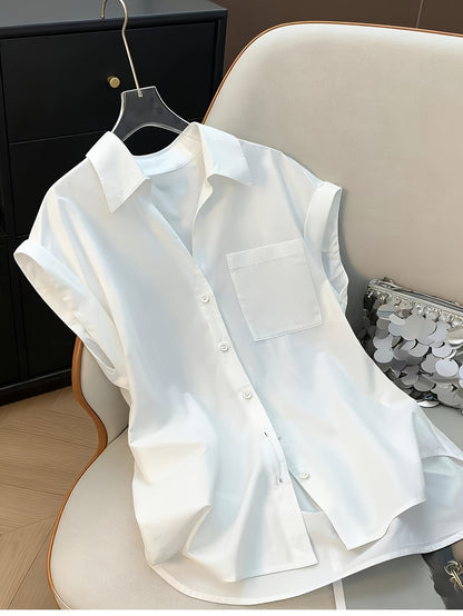 Damen Oversize Bluse mit Hemdkragen und Brusttasche – Eleganter, Ärmeloser Stil für Büro und Freizeit
