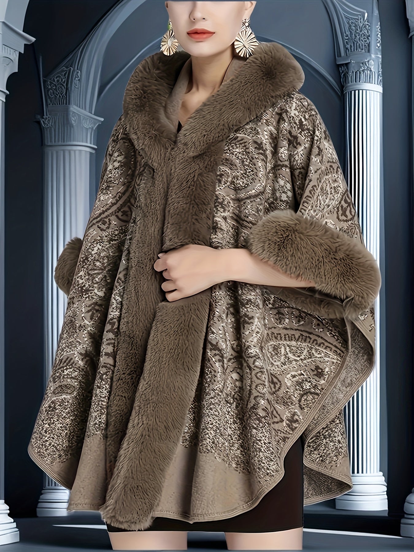 Damen Cape mit Kapuze und Kunstpelzbesatz - Musterbedruckt, Mehrfarbig