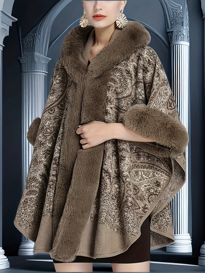 Damen Cape mit Kapuze und Kunstpelzbesatz - Musterbedruckt, Mehrfarbig