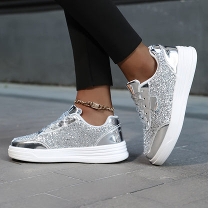 Damen Glitzer Sneaker für Alltag und Party – Modische Freizeitschuhe mit Plateau und Glanz-Effekt