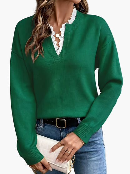 Damen Pullover Elegant mit V-Ausschnitt und Spitzenbesatz – Lockerer Strickpullover für Herbst und Winter