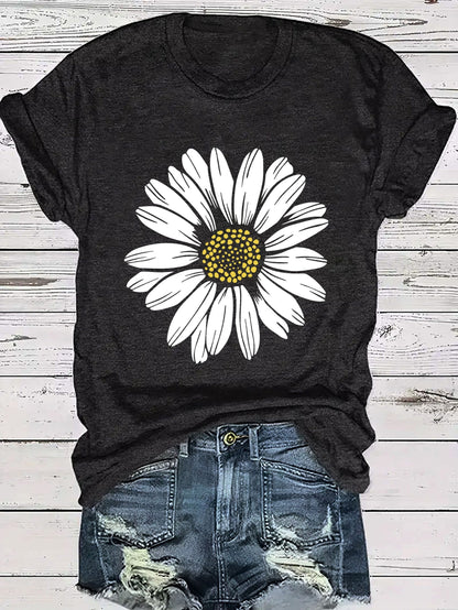 Damen T-Shirt mit Gänseblümchen-Print – Lässiges Sommer Oberteil im Boho-Stil