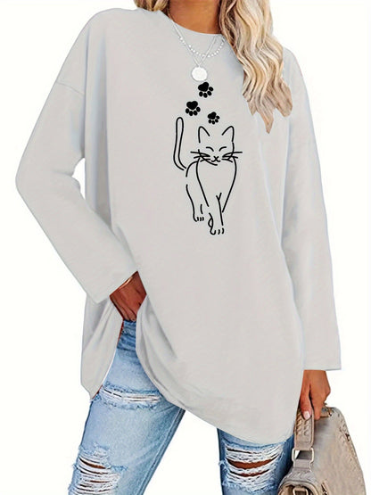 Damen Langarmshirt Oversize mit Katzenmotiv und Pfotenabdruck Rundhalsausschnitt Freizeitshirt