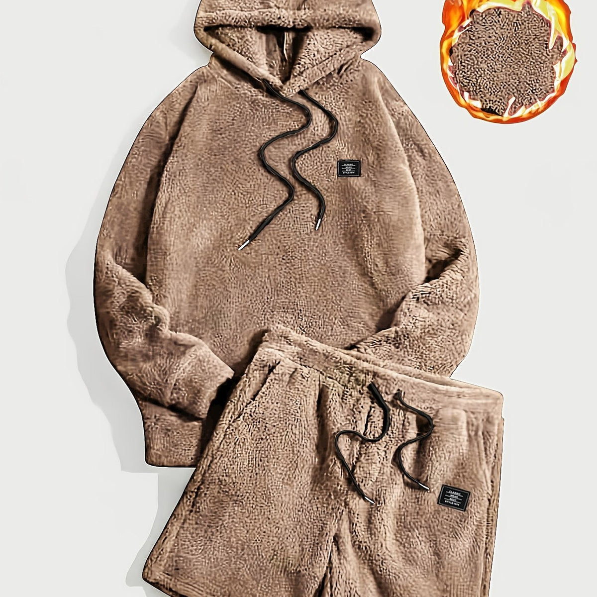 Unisex Teddy-Fleece Hoodie & Shorts Set mit Kapuze und Kordelzug