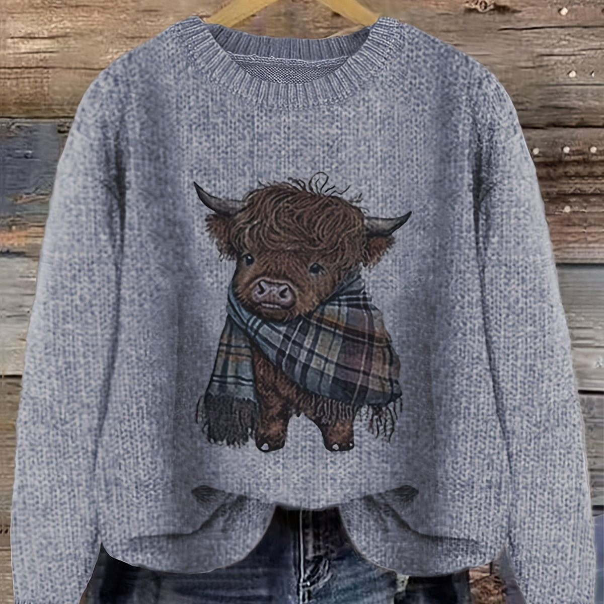 Damen Pullover mit Highland-Kuh Motiv und Rundhalsausschnitt – Verspielter Strickpullover im lässigen Stil