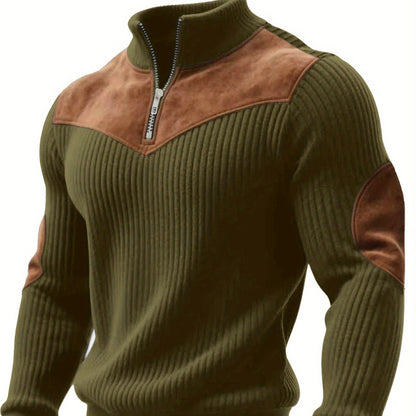 Herren Rollkragenpullover mit Reißverschluss, Rippstrick und Wildleder-Optik Patches