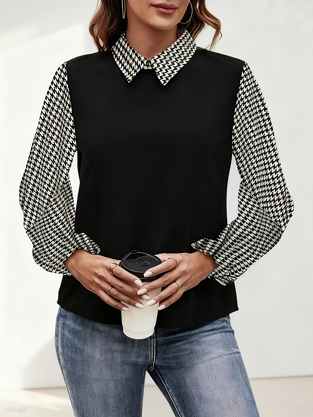 Damen Bluse Schwarz mit Hahnentrittärmeln und Kragen Ballonärmel