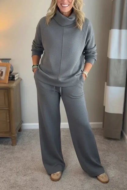Damen Lounge Set Rollkragen Pullover & Weite Bein Hose Freizeitanzug