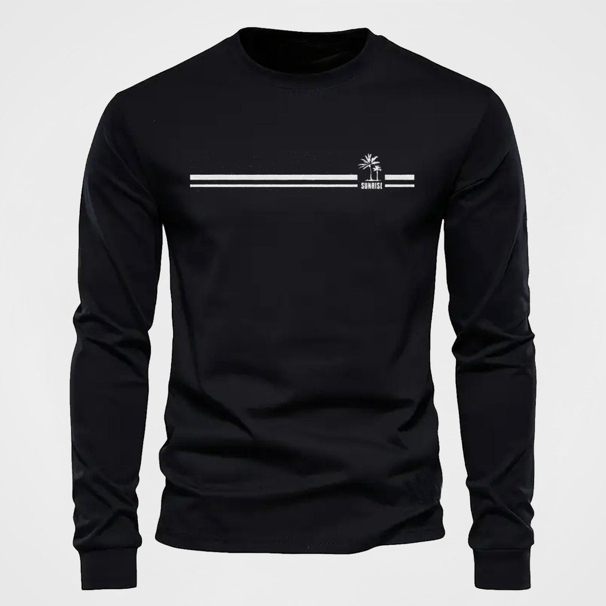 Herren Langarmshirt mit Rundhalsausschnitt und Streifen-Palmen-Print