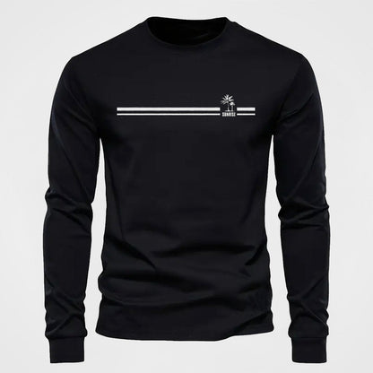Herren Langarmshirt mit Rundhalsausschnitt und Streifen-Palmen-Print