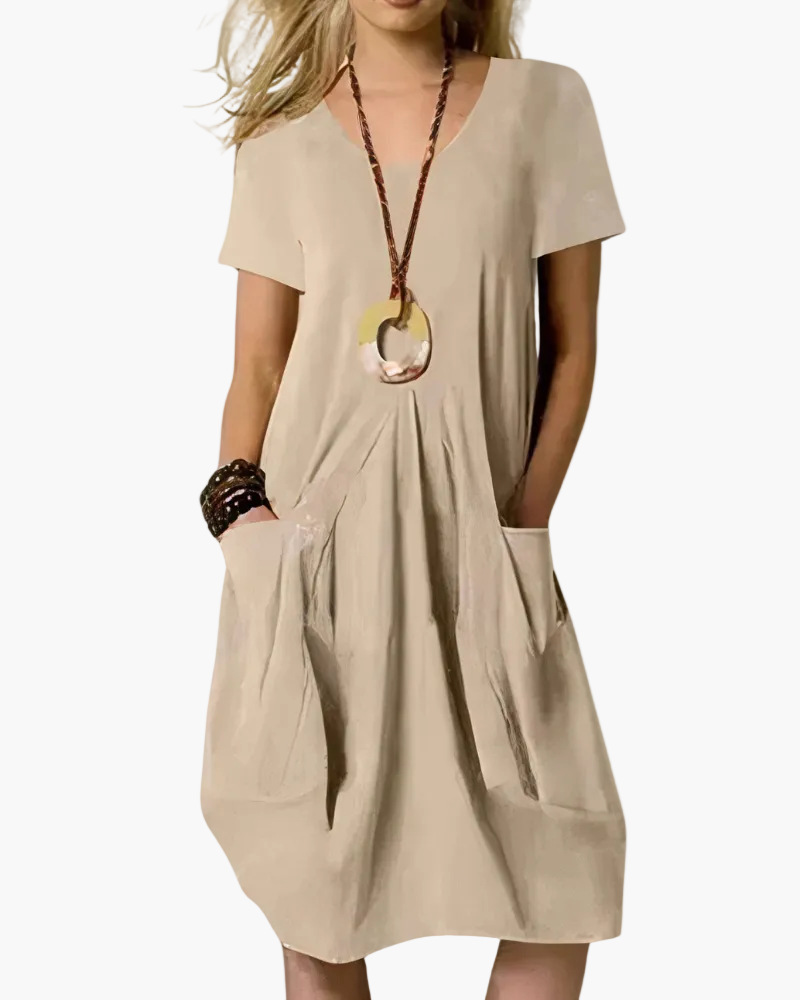 Damen Midi Kleid – Lockeres Sommerkleid mit Taschen, Alltag & Freizeit, A-Linien Stil