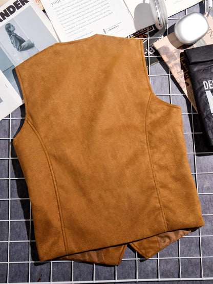 Herren Weste mit V-Ausschnitt & Knöpfen, Dekorative Kette, Taschen, Wildlederoptik