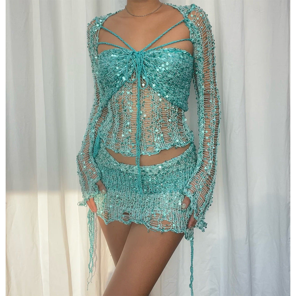 Extravagantes Damen-2-Teiler-Set mit Netzoptik für Festival & Clubwear