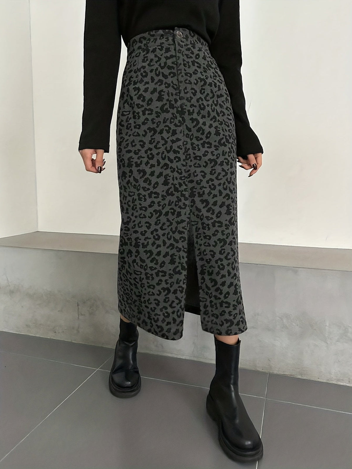 Damen Midi Rock mit Leopardenmuster und Schlitz, Rippstruktur