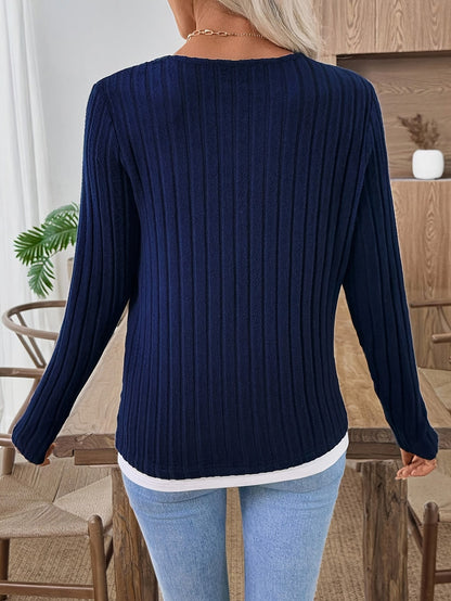 Damen Henley-Shirt Langarm Rippstrick Marineblau mit Knopfleiste