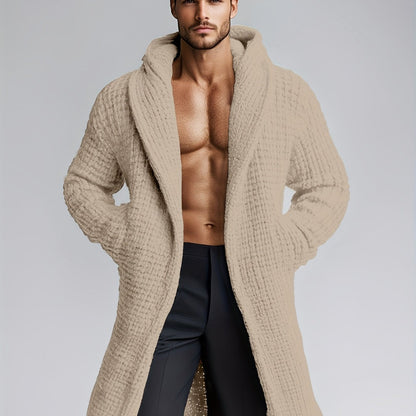 Herren Cardigan Lang Strickpullover Haussweater Dunkelgrau mit Kapuze