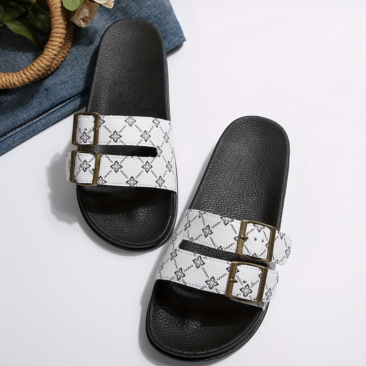 Damen Slide Sandalen mit Doppelriemen und Schnallen – Modische Freizeitschuhe für Alltag und Urlaub
