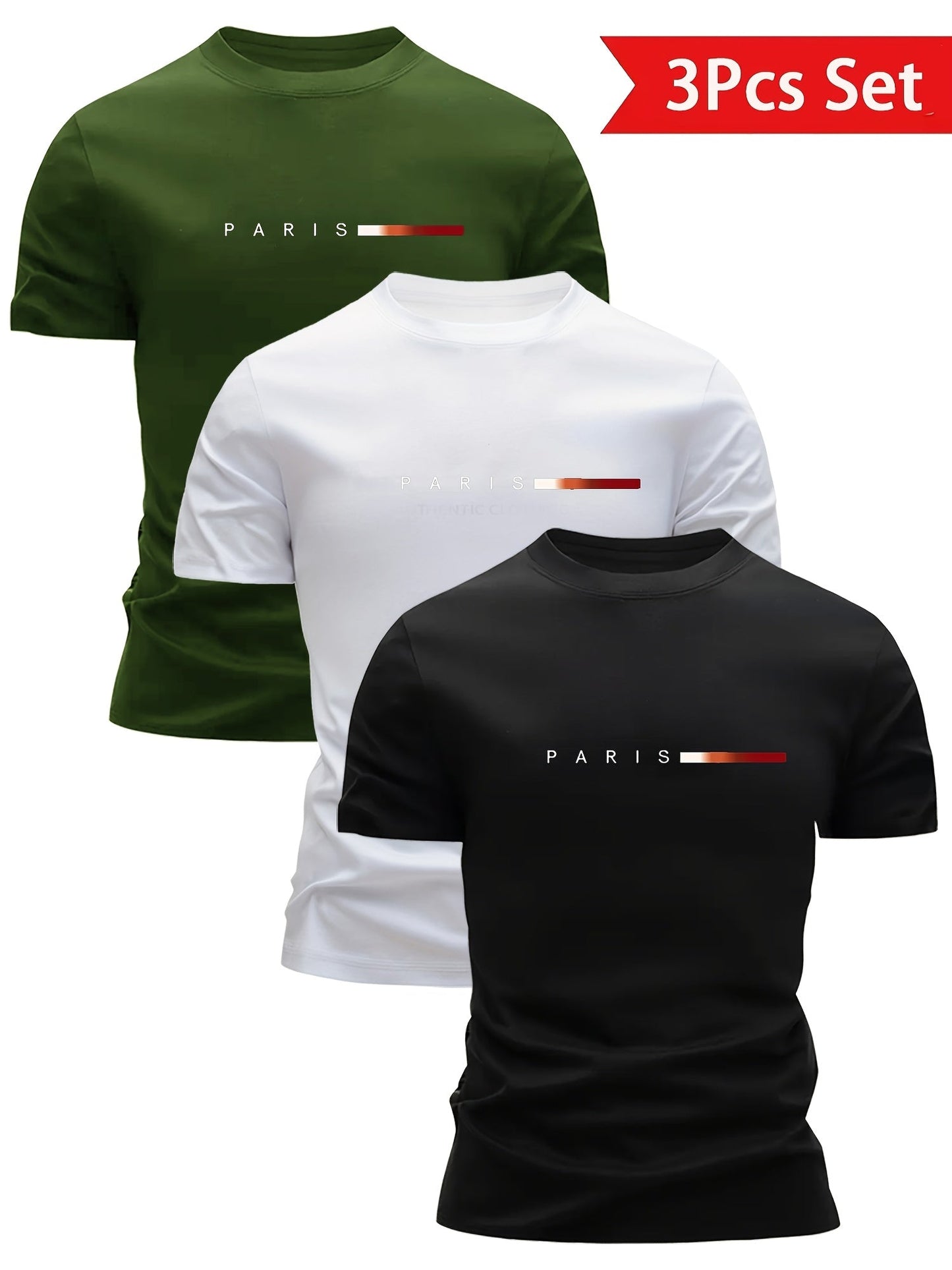 Herren T-Shirt 3er Set – Modernes Paris Print Design, Rundhals, Alltag & Freizeit