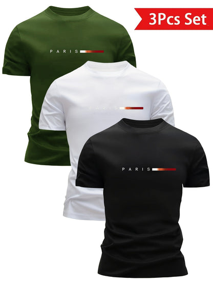 Herren T-Shirt 3er Set – Modernes Paris Print Design, Rundhals, Alltag & Freizeit