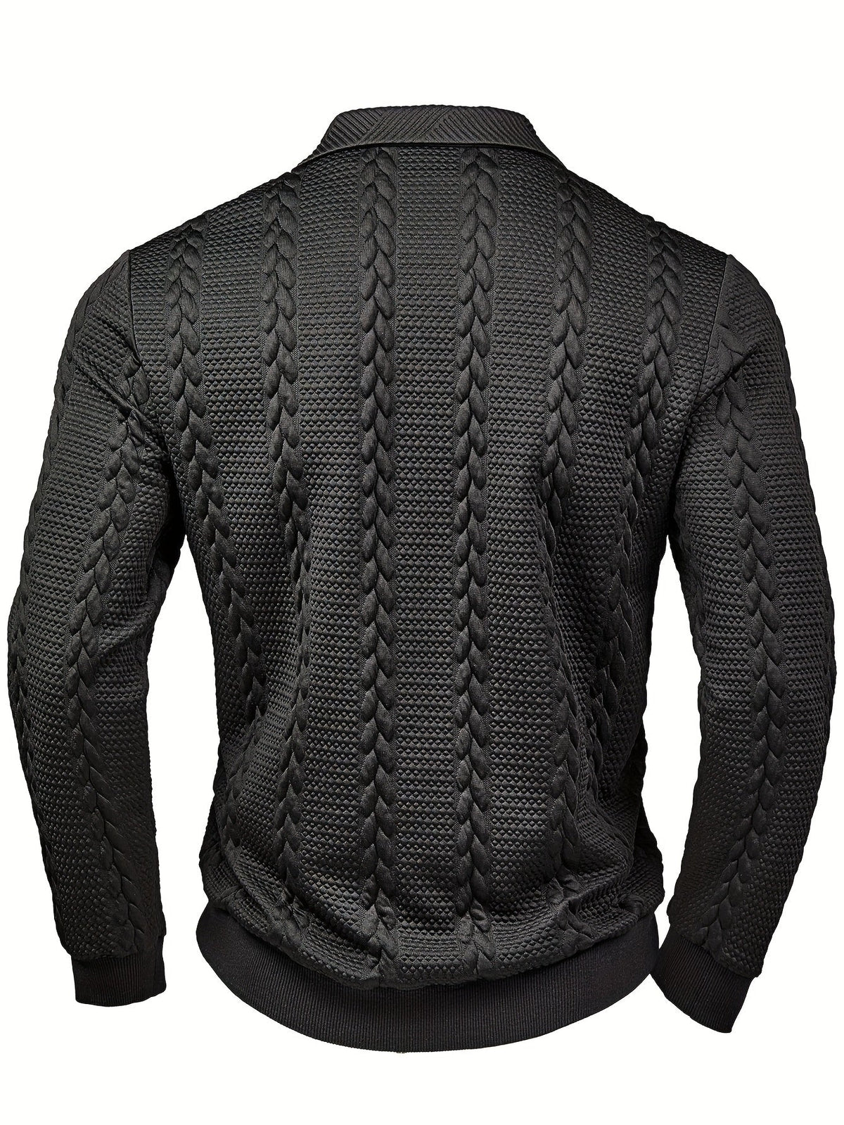 Herren Poloshirt Strickpullover Zopfmuster Knopfleiste Langarm Dunkelgrau