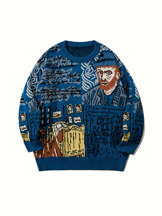 Blauer Strickpullover mit künstlerischem Muster und Rundhalsausschnitt